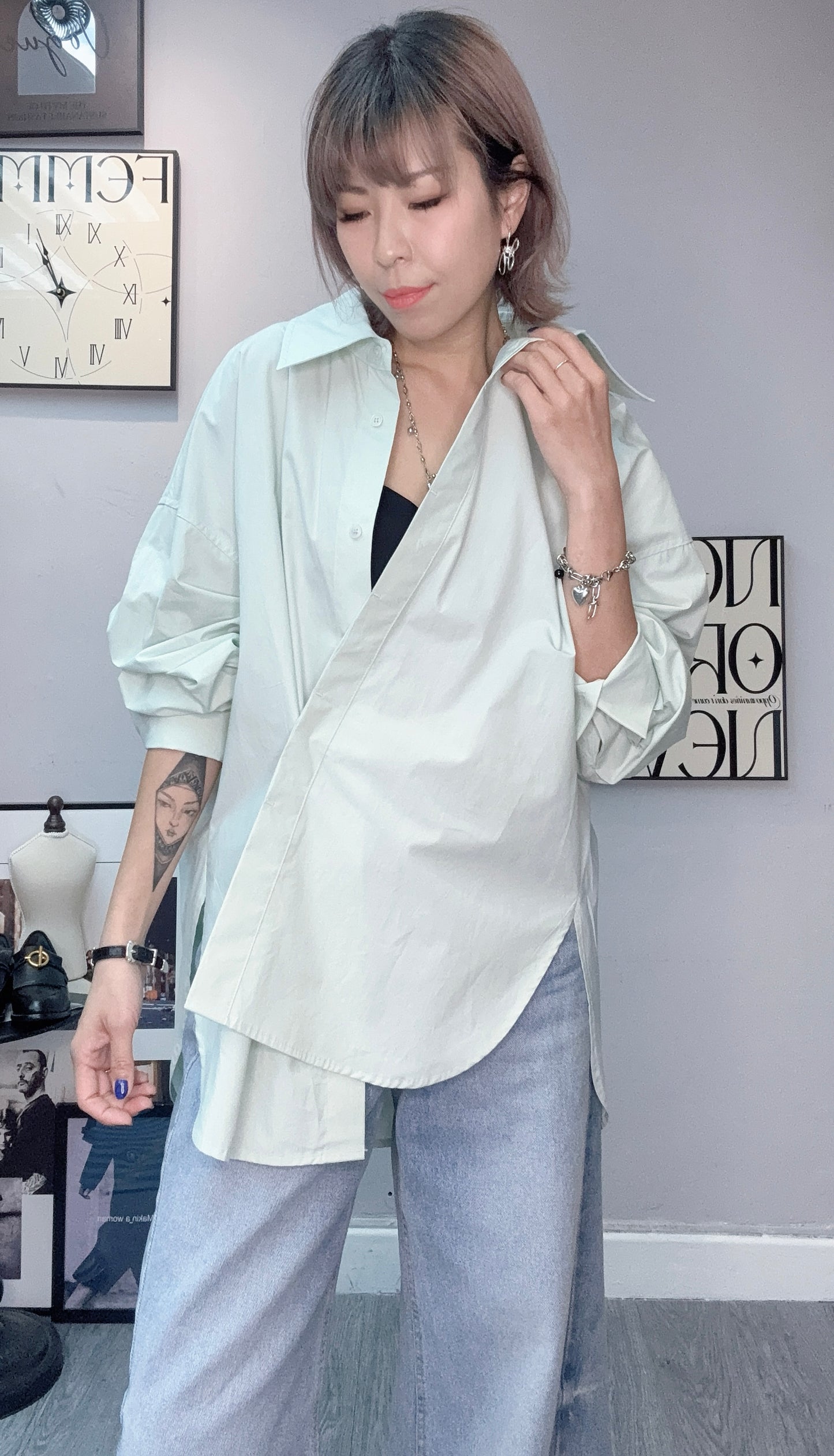 Back tag plain loose shirt #00402