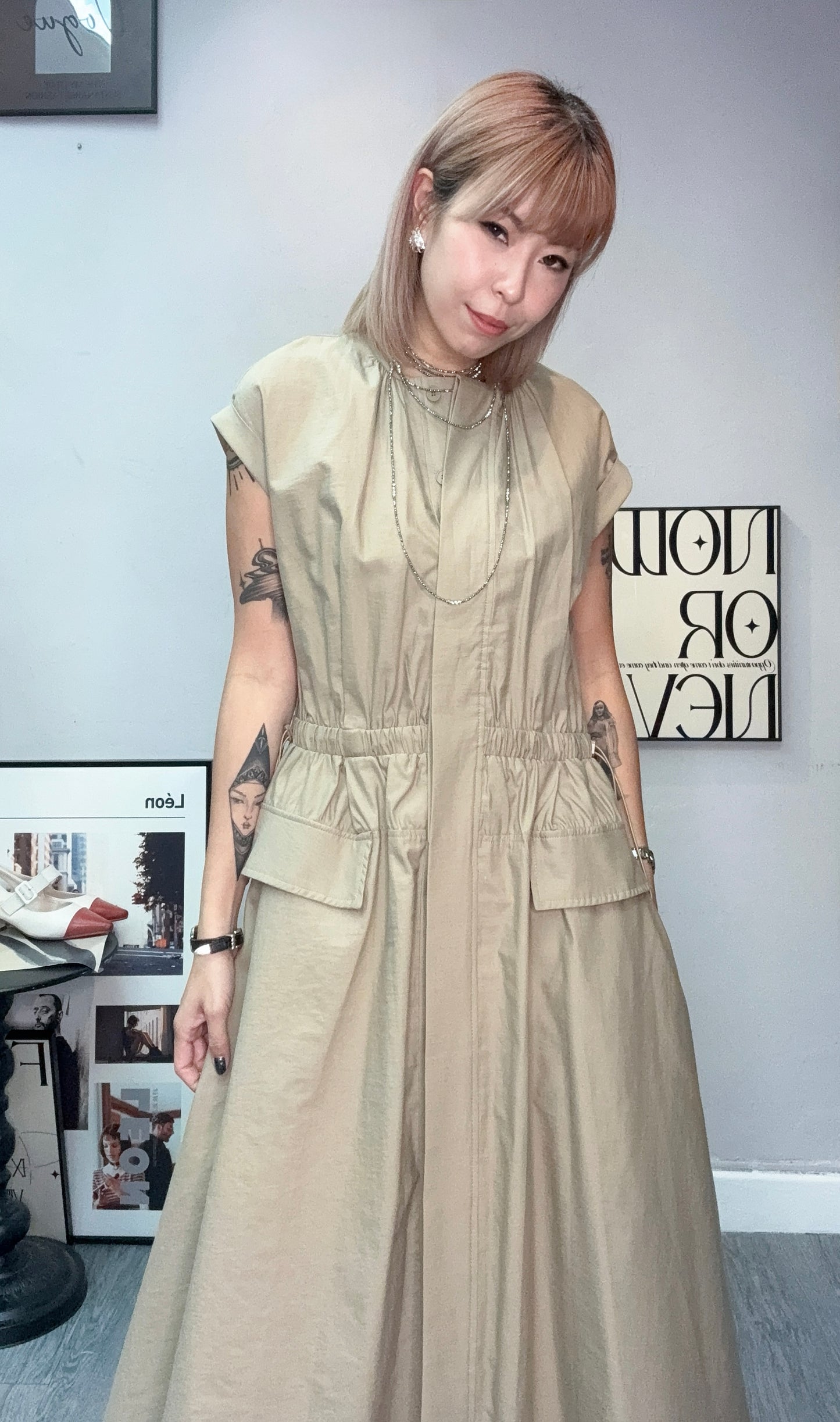 Front pockets cap sleeves one piece #00718