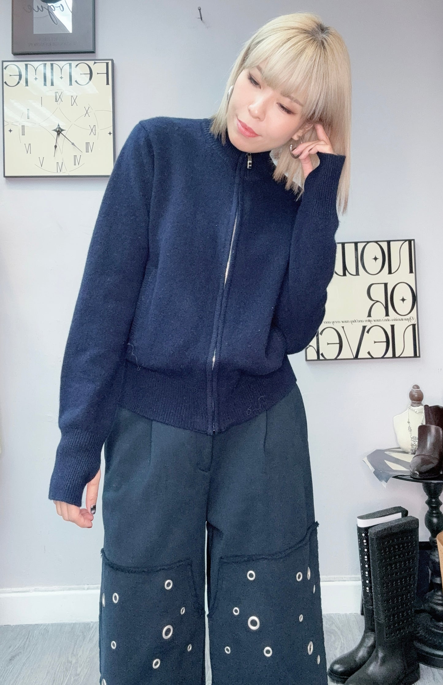 Take off hat zip knit jacket #00138