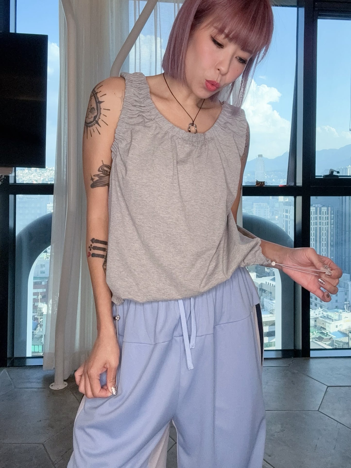 Plain drawcord hem tank #00799