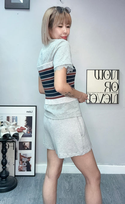 (-20%)striped tube lace trim sleeves tee #00770