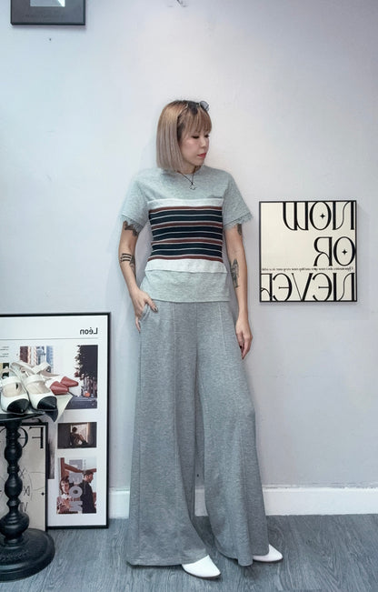 (-20%)striped tube lace trim sleeves tee #00770