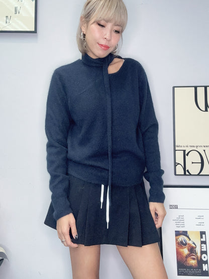 Tie collar wool top #00085