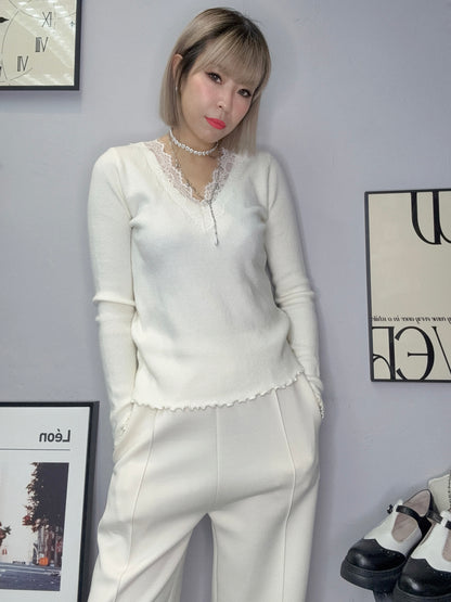 (-20% off)V neck lace knit top #00280