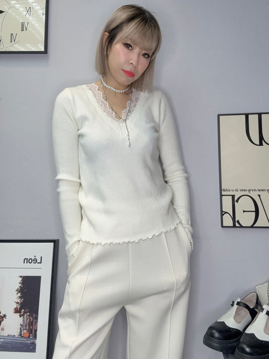 (-20% off)V neck lace knit top #00280