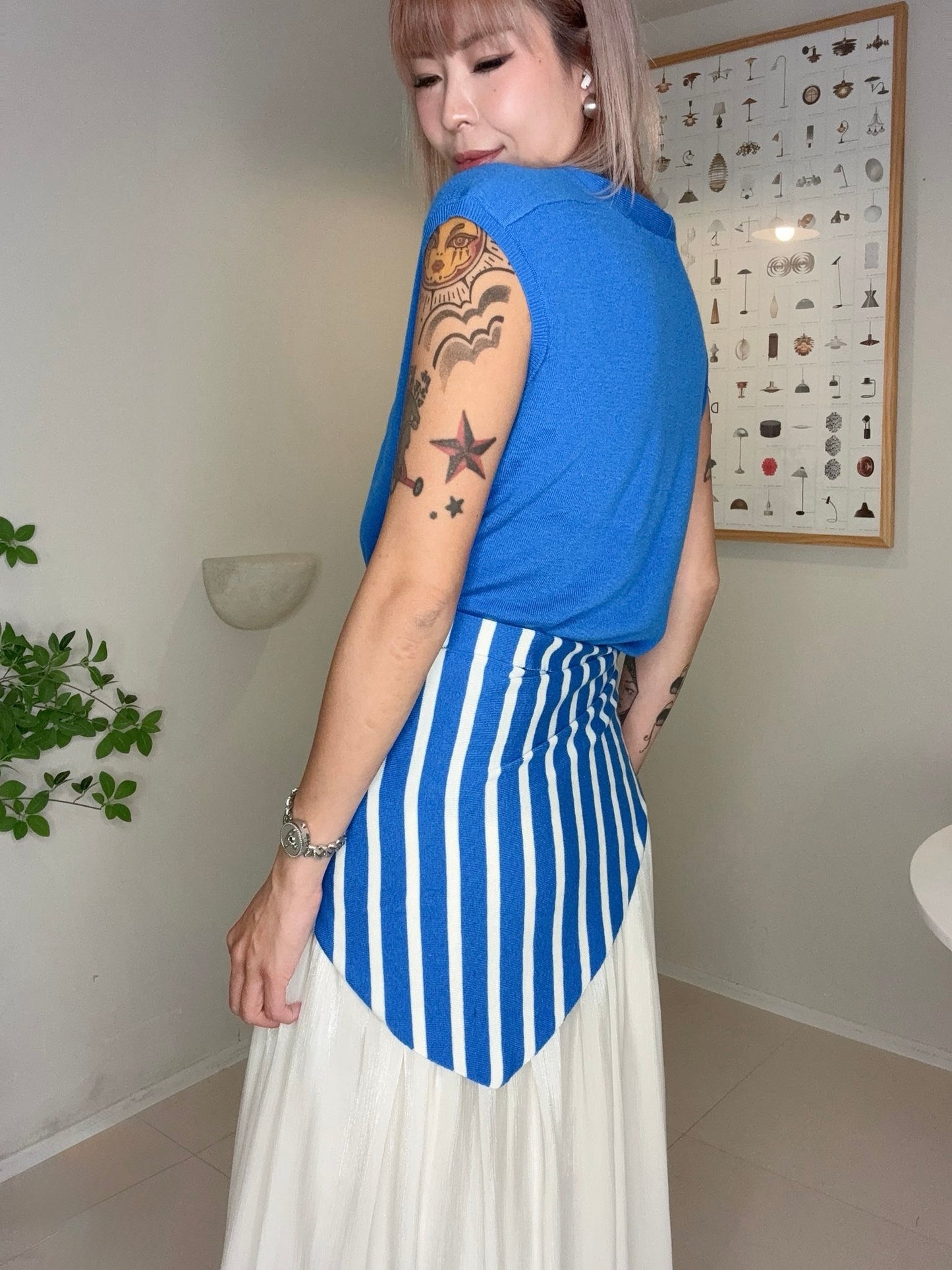 With striped scarf softy knit top #00694