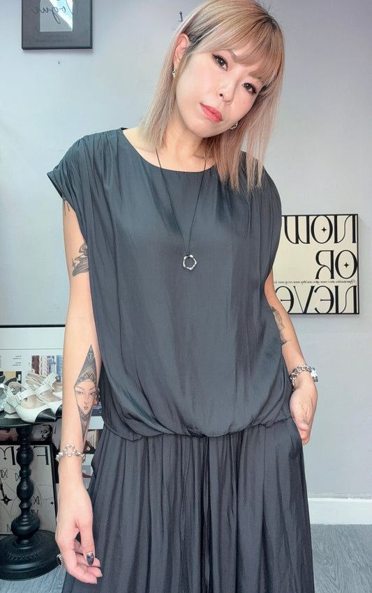 Puff hem silky cap sleeves top #00750