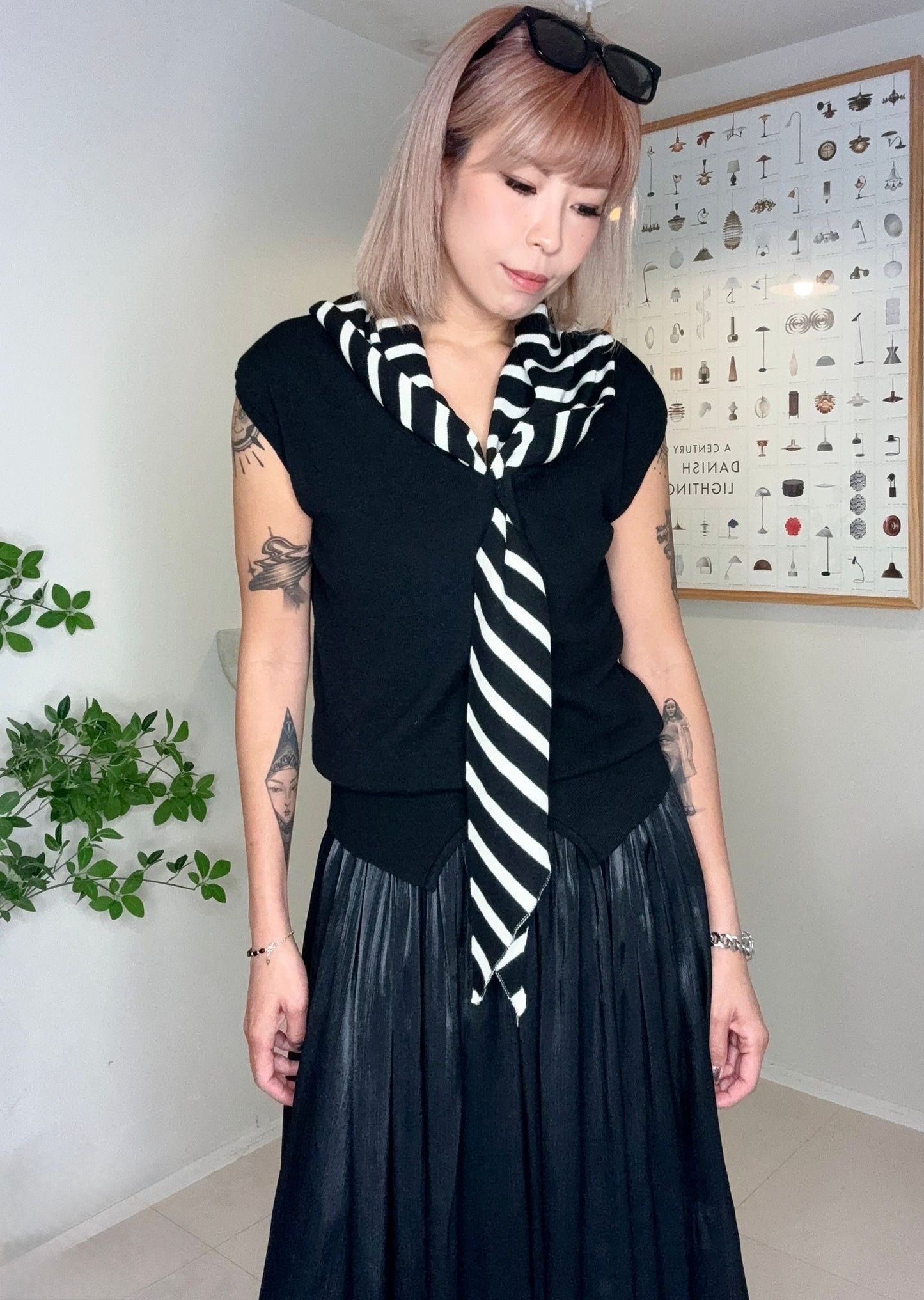 With striped scarf softy knit top #00694