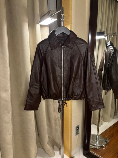 Shirt collar leather zip jacket