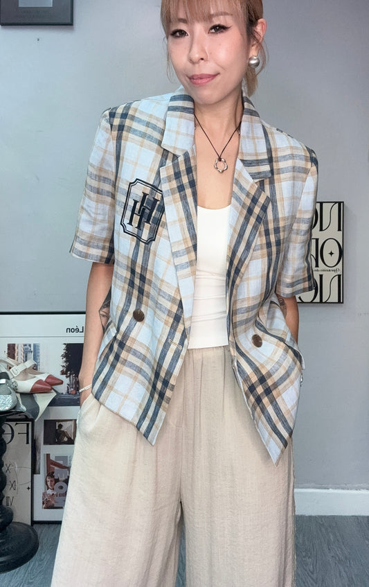 Checked linen short sleeves blazer #00748