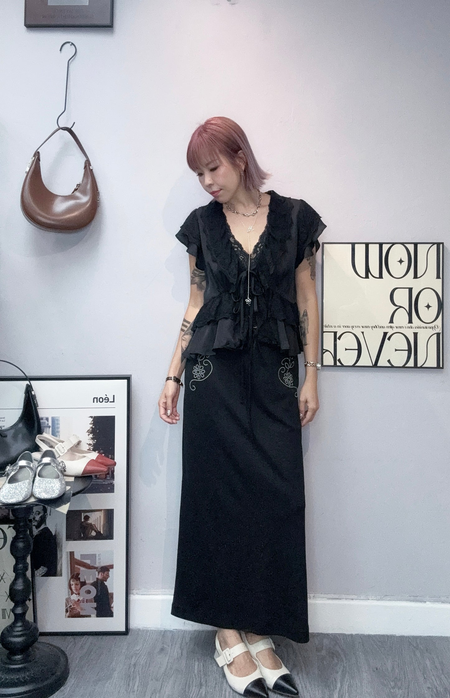 Chiffon X lace trim blouse #00818