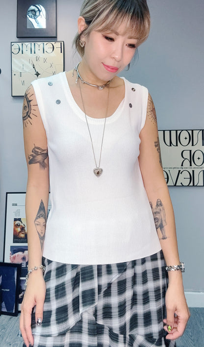 Front buttons rib knit vest top #00456
