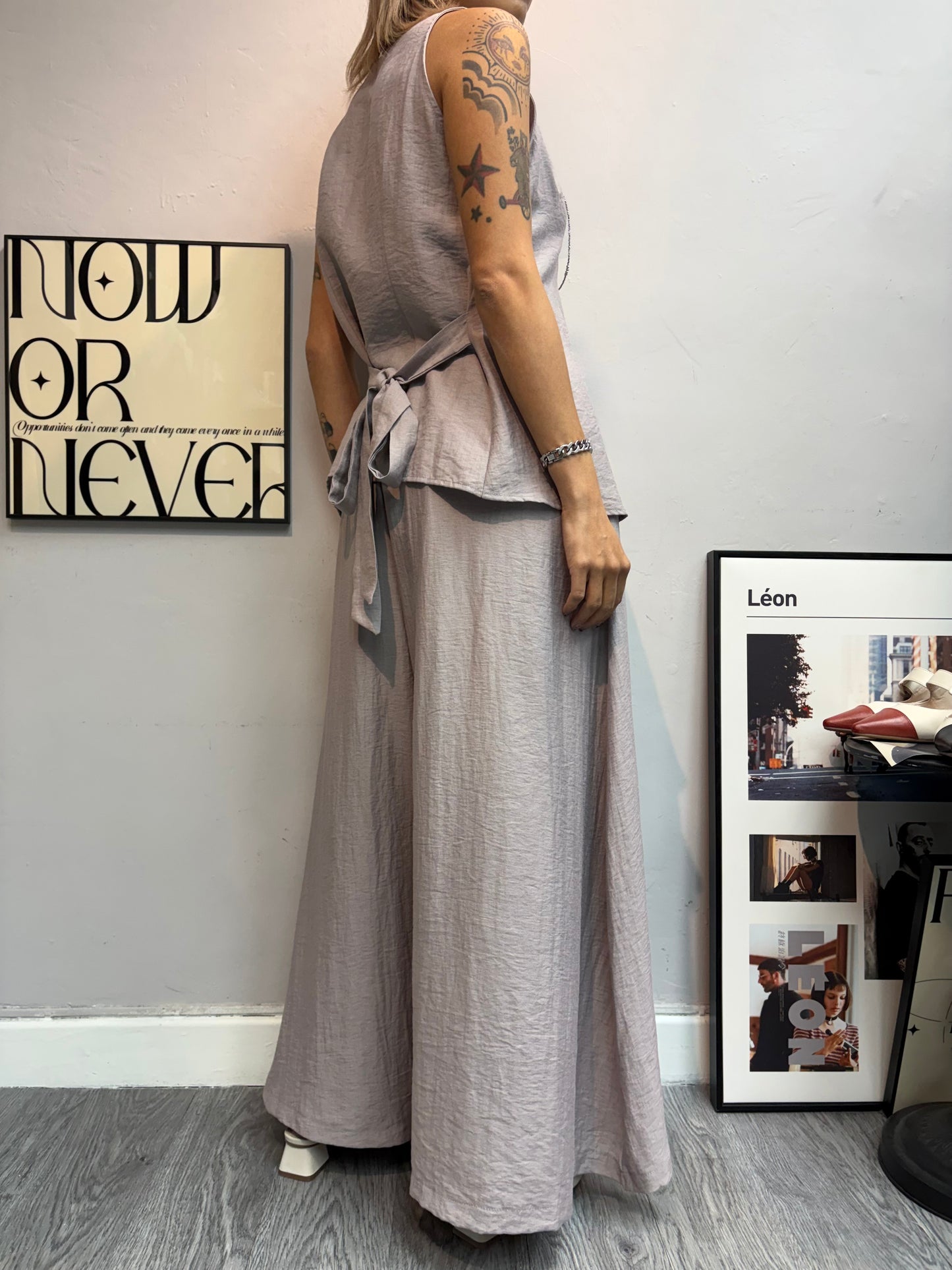 V neck tie waist tank set #00720