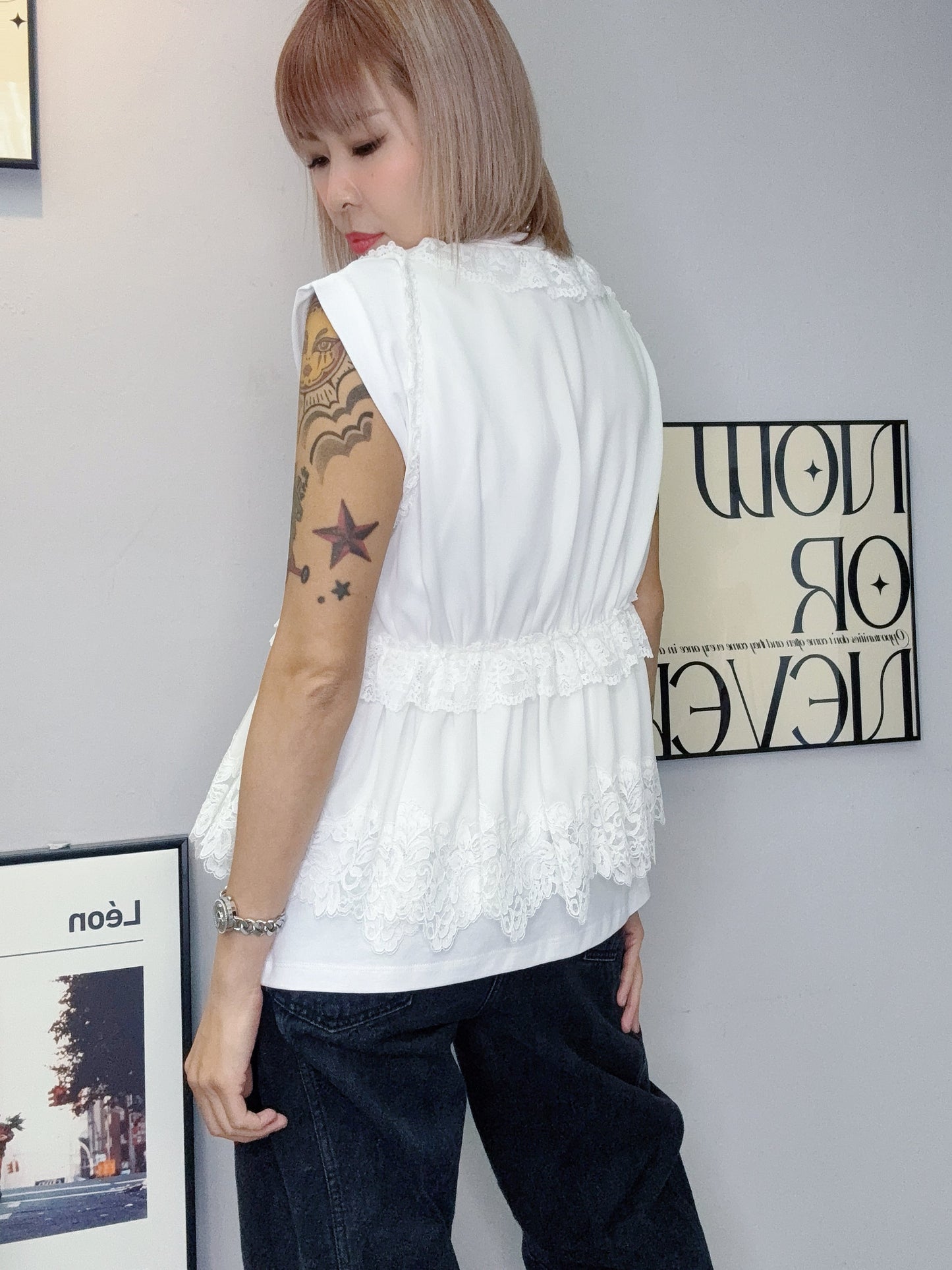 Lace ruff premium chiffon tank blouse #00623