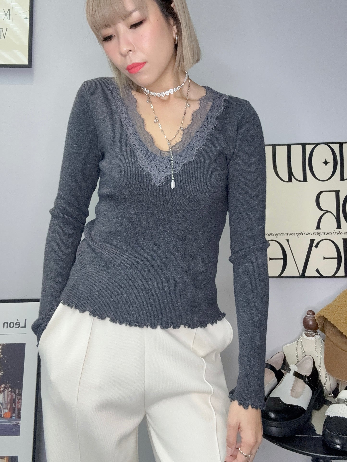 (-20% off)V neck lace knit top #00280