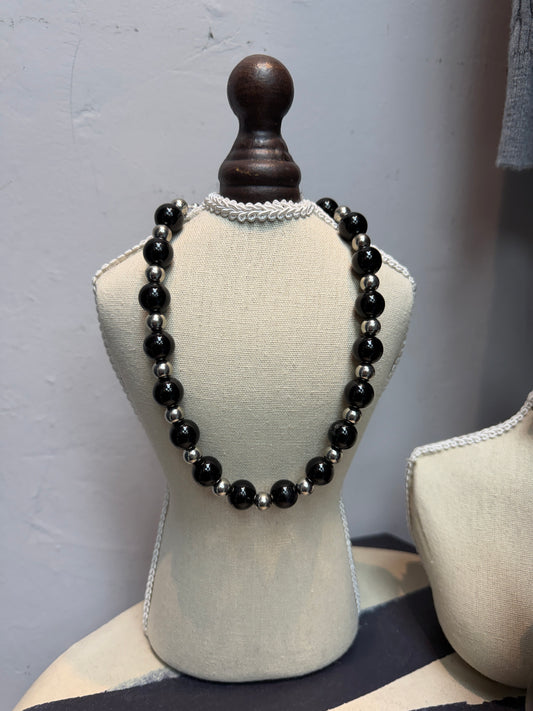 Silver X black beans necklace