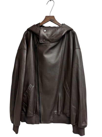 With hat leather jacket