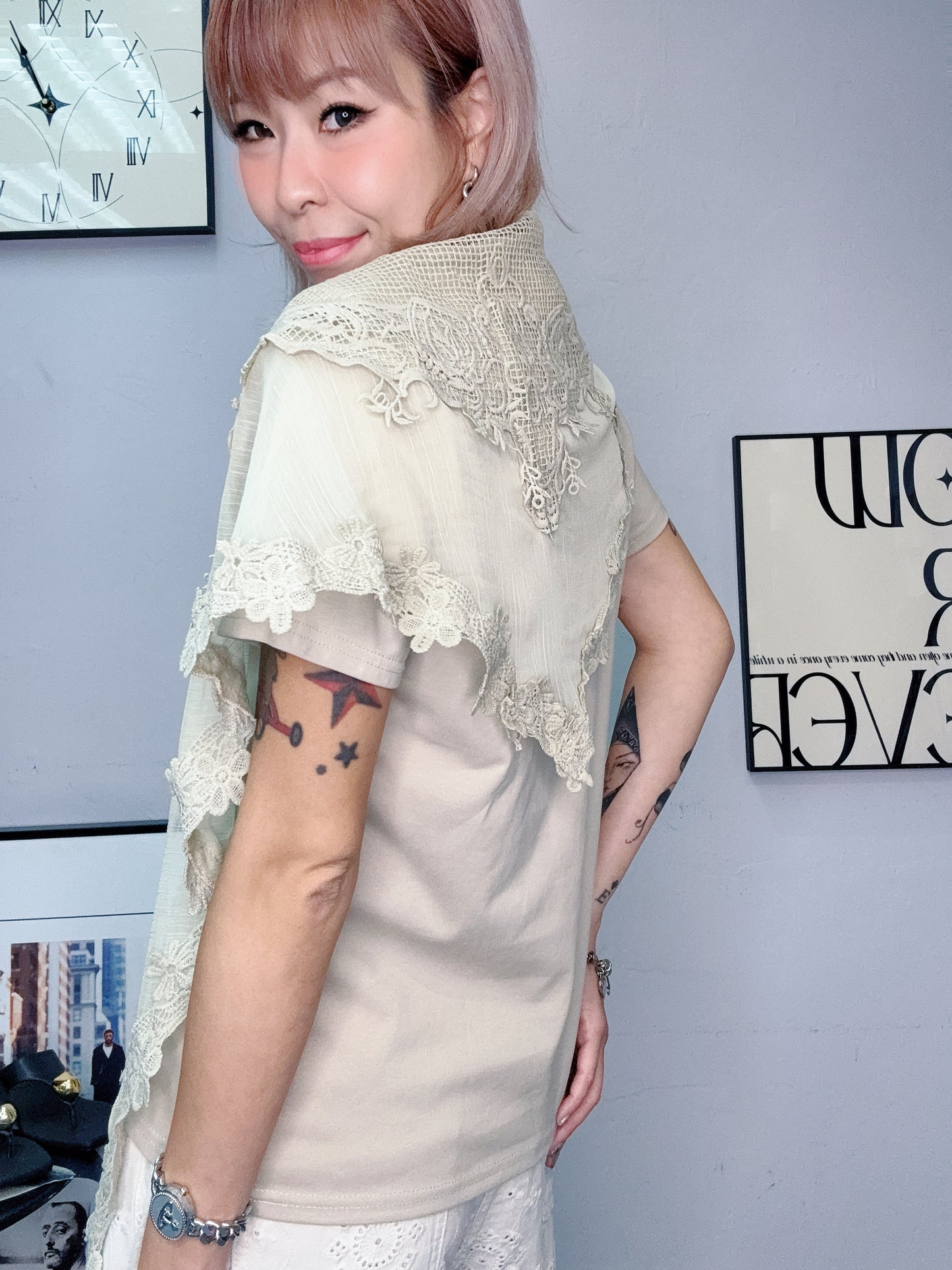 With embroidery see through scarf tee #00612