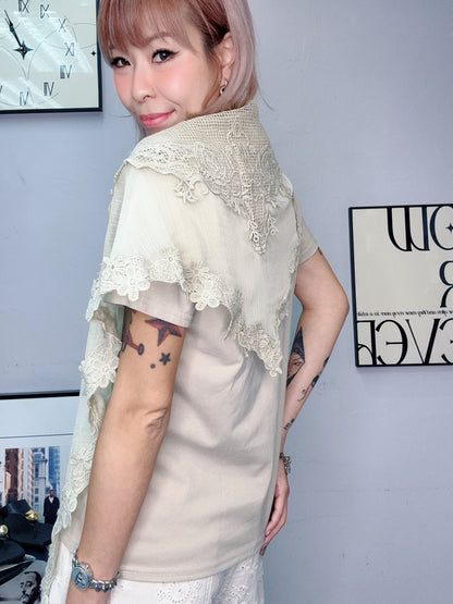 With embroidery see through scarf tee #00612