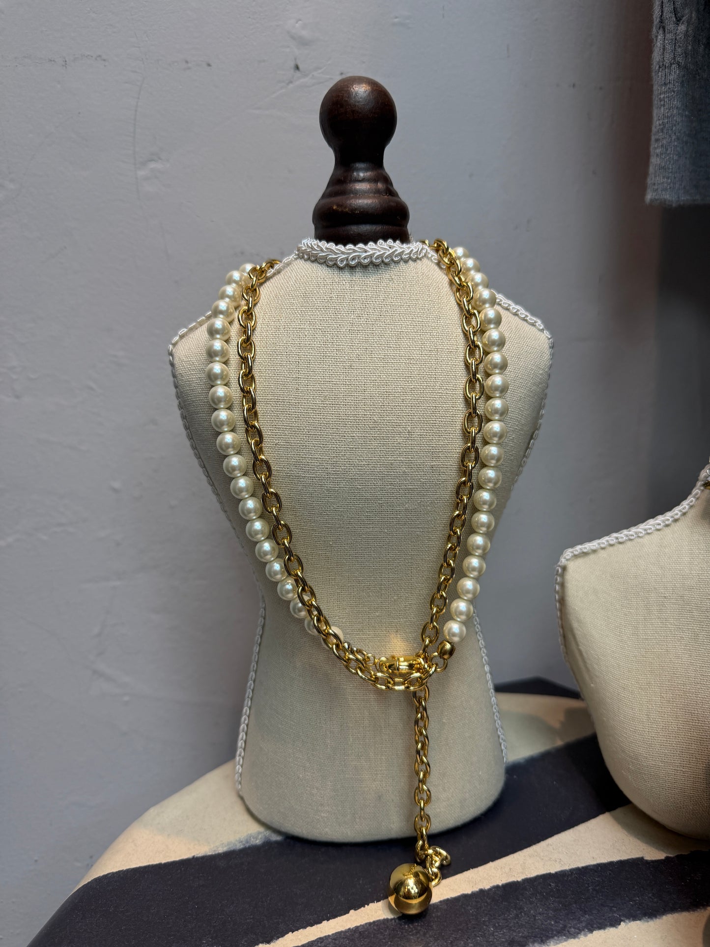 Pearl X gold chain long necklace