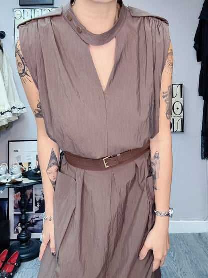 With belt v neck tank windbreaker fabric one piece #00606