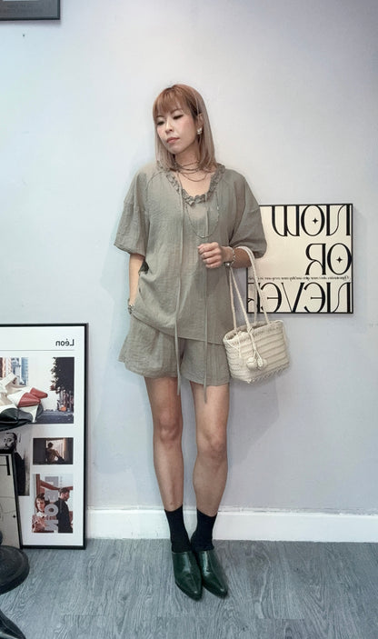 Ruffle trim puff sleeves set #00719