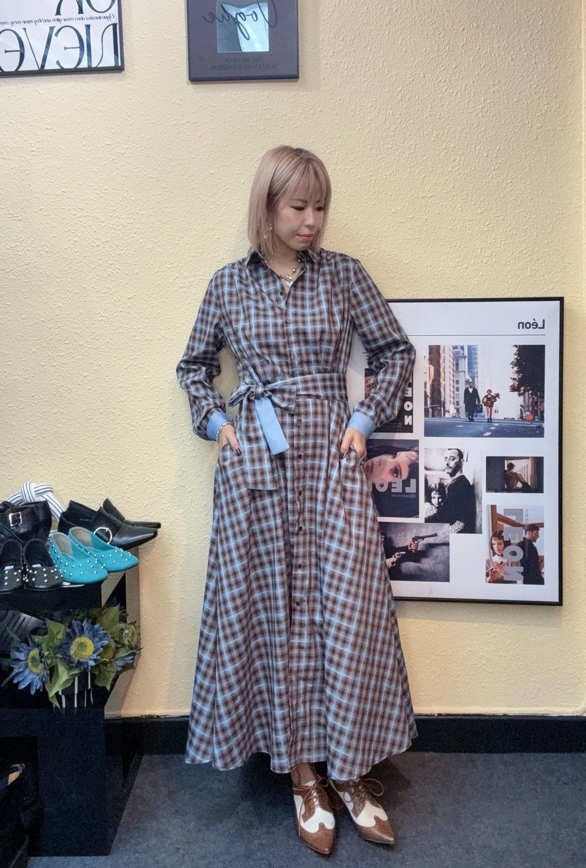 Checkered silky shirt collar one piece #00977