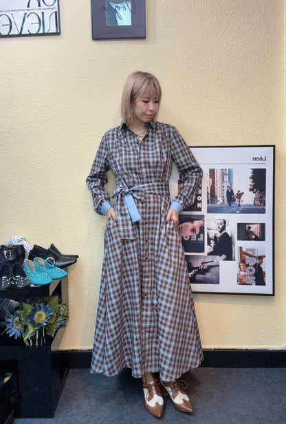 Checkered silky shirt collar one piece #00977