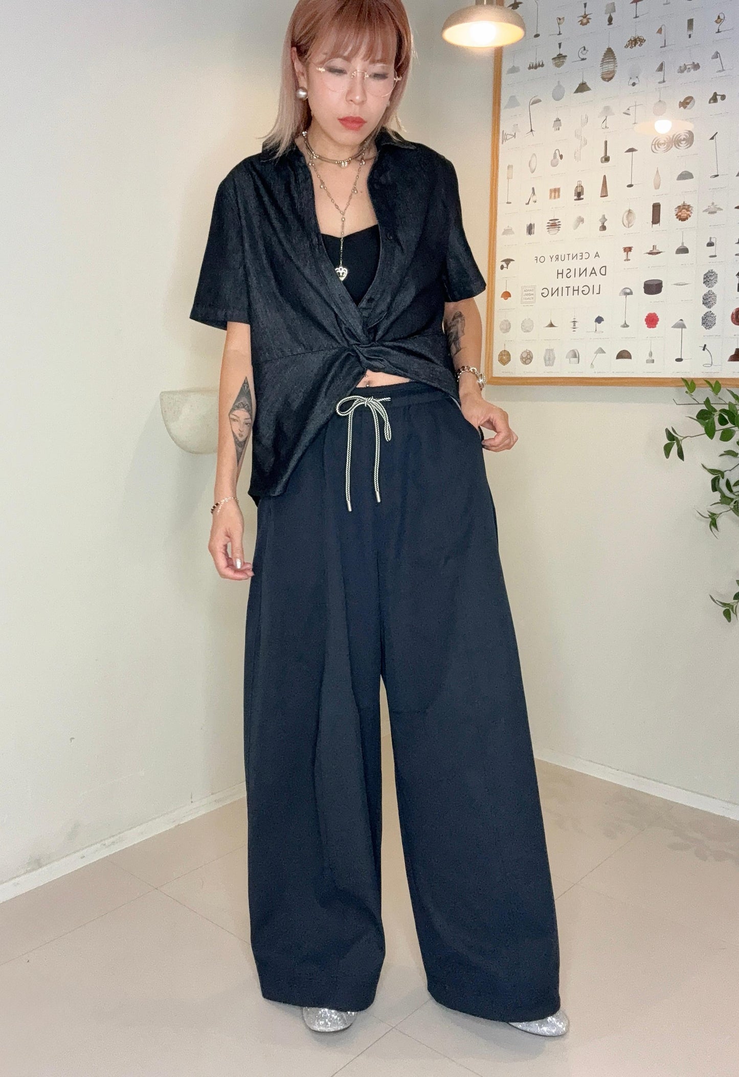 Black and white rope loose pants #00670