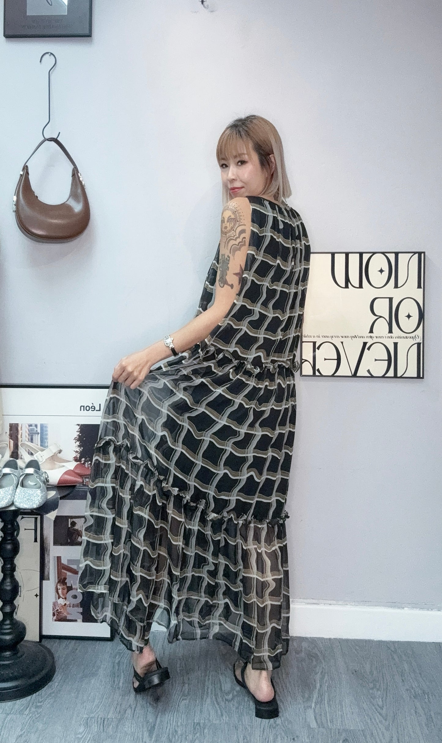 Checked chiffon one piece #00790