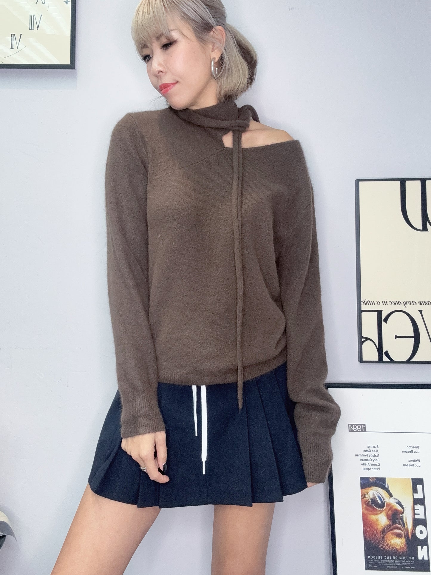 Tie collar wool top #00085