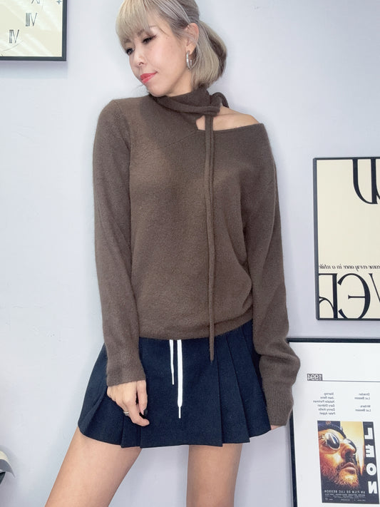 Tie collar wool top #00085