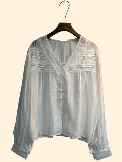 V neck lace front buttons blouse #00319