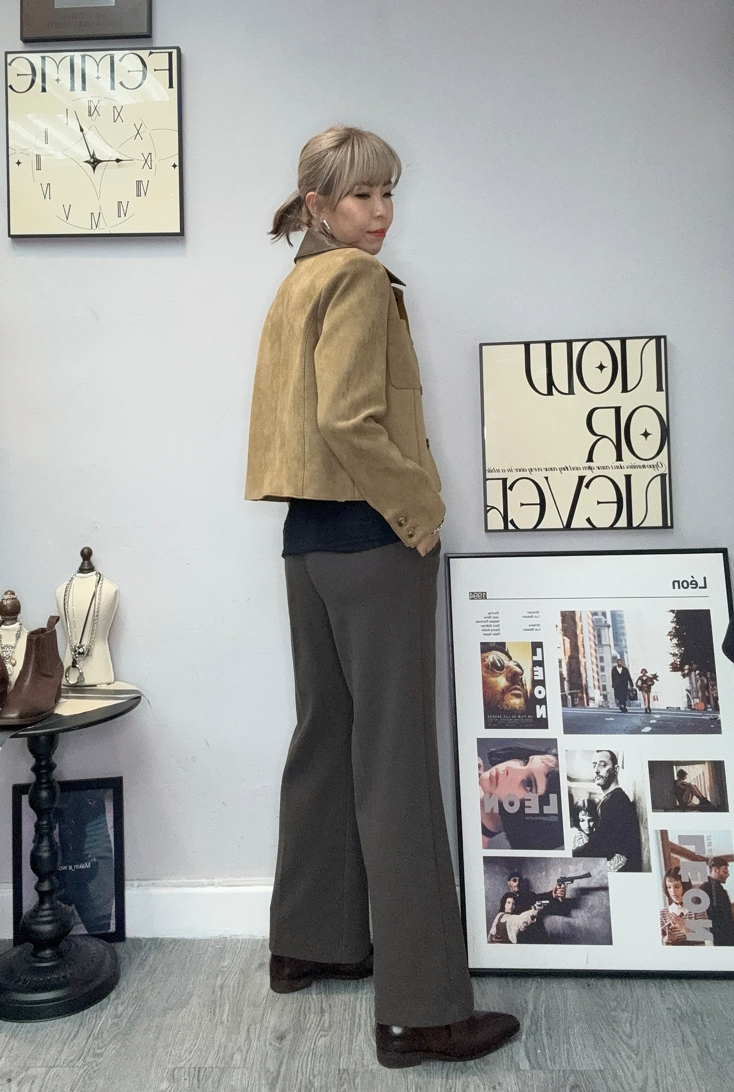 Leopard skin X fake leather collar jacket #00055