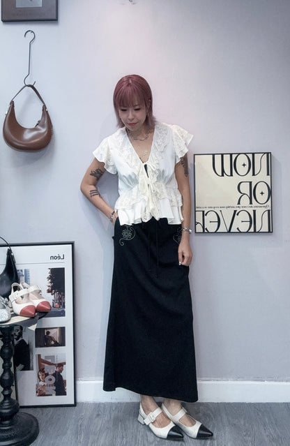Chiffon X lace trim blouse #00818