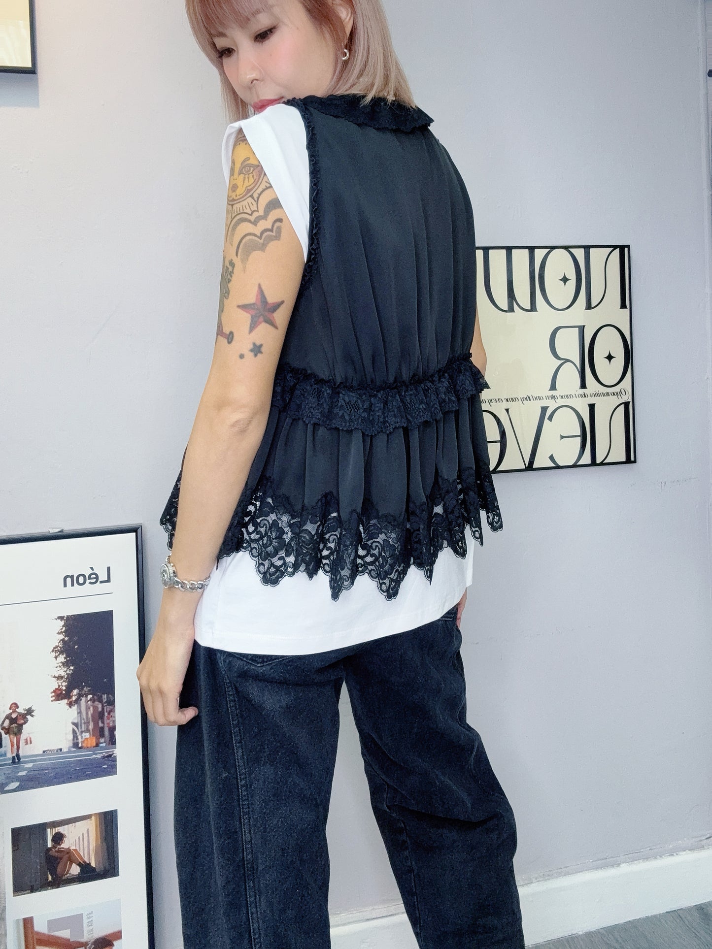 Lace ruff premium chiffon tank blouse #00623
