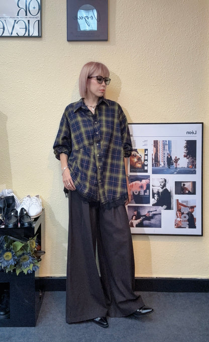 Checked loose lace hem shirt #00919