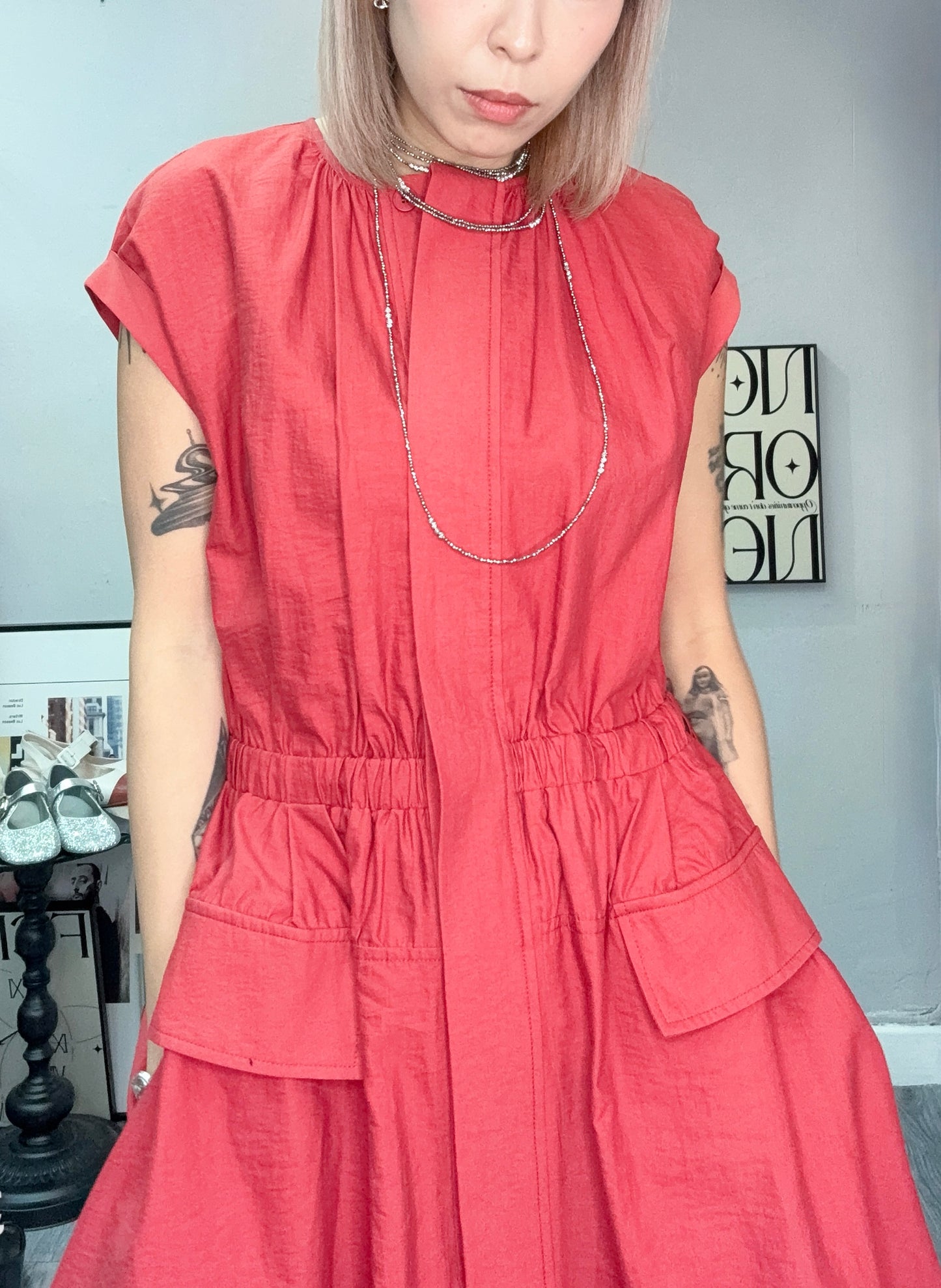 Front pockets cap sleeves one piece #00718