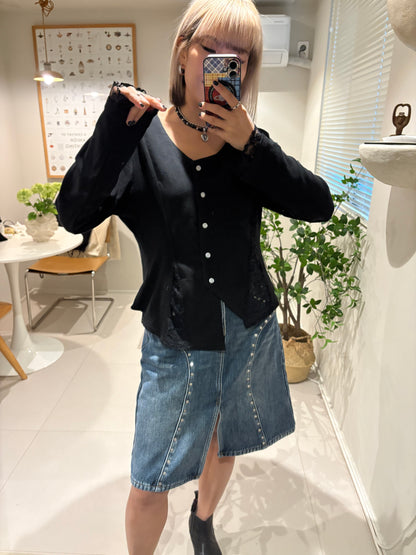 Side lace ruff hem cardigan #00014