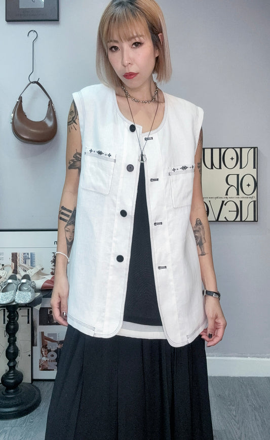 (-20%)Black line embroidery vest outer #00791