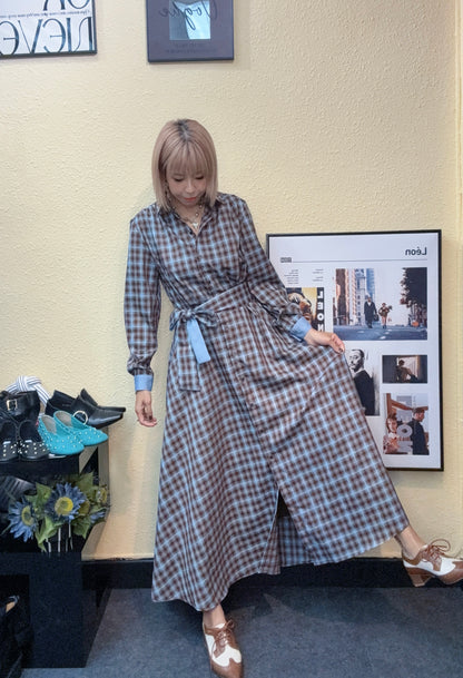 Checkered silky shirt collar one piece #00977