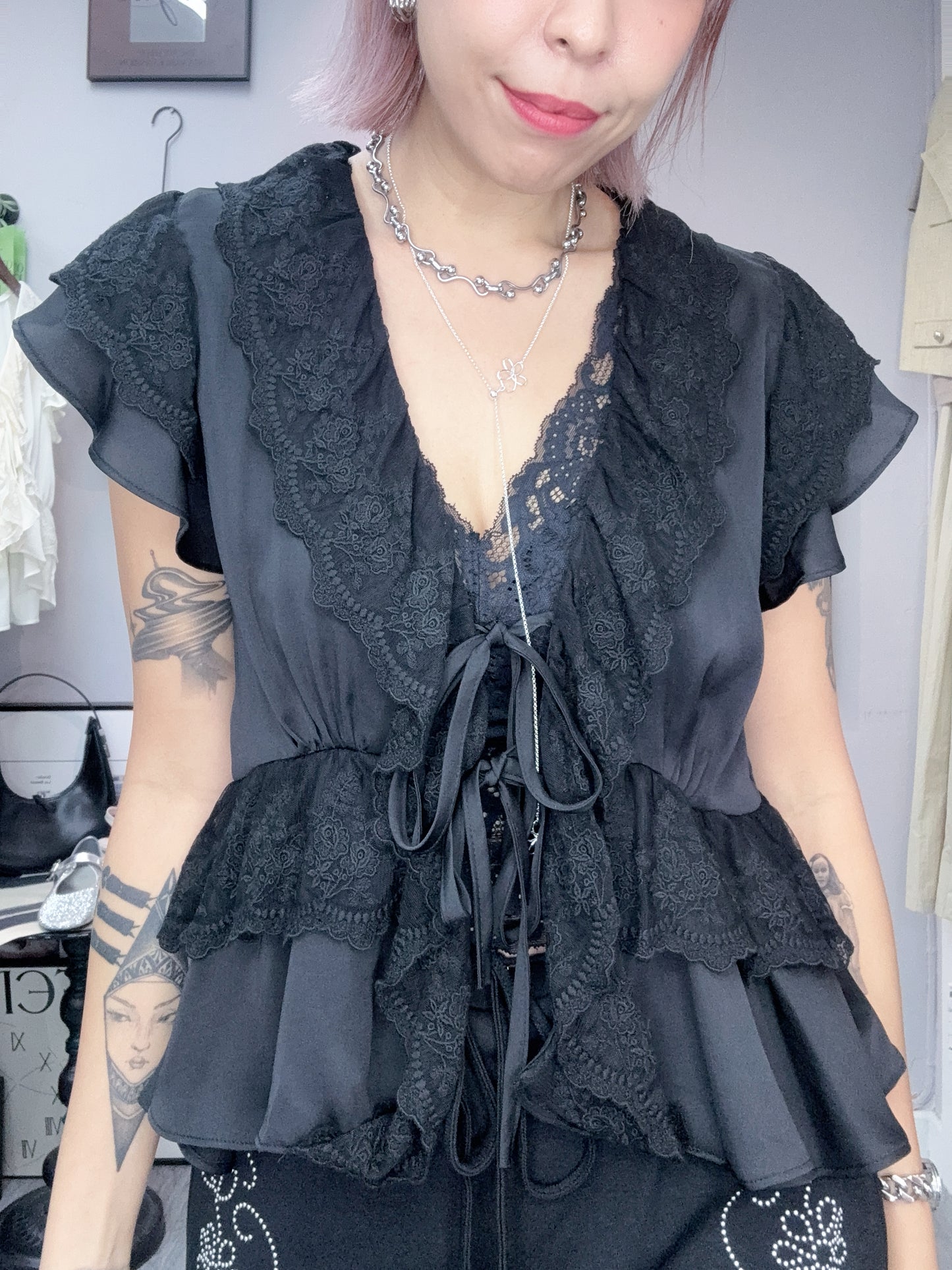 Chiffon X lace trim blouse #00818