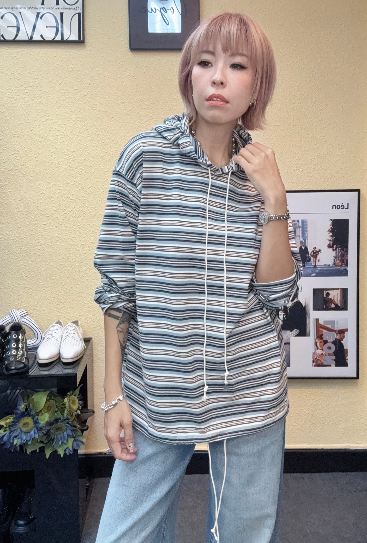 With hat striped top #00910