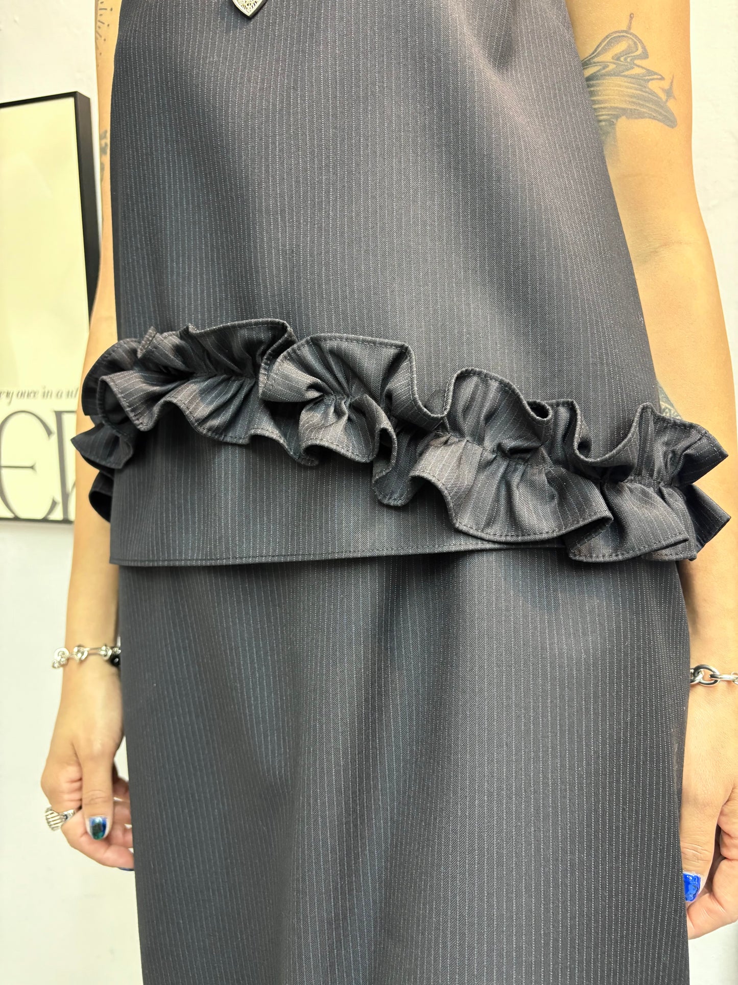 Ruffle hem stripe vest +skirt Set#00432