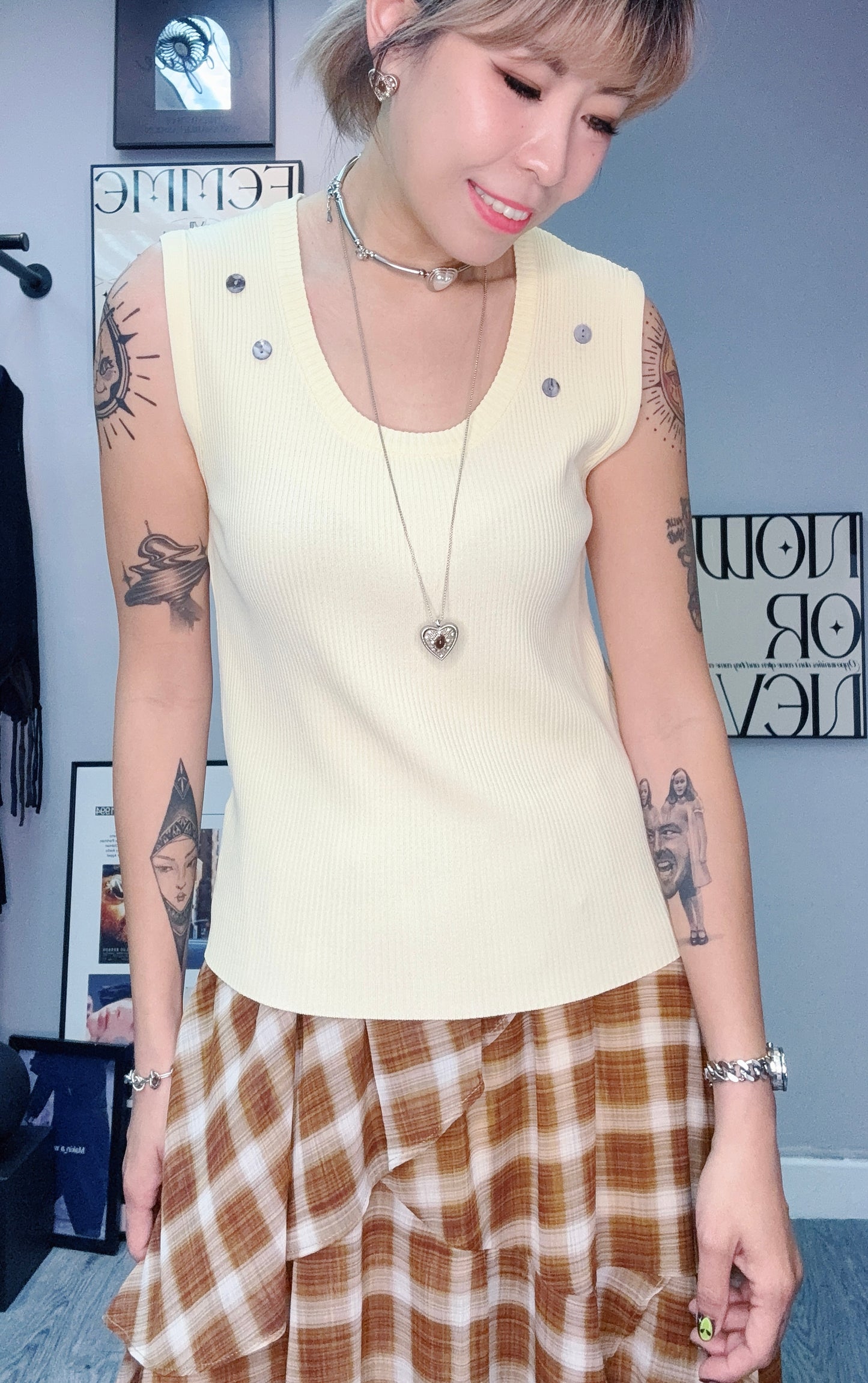 Front buttons rib knit vest top #00456