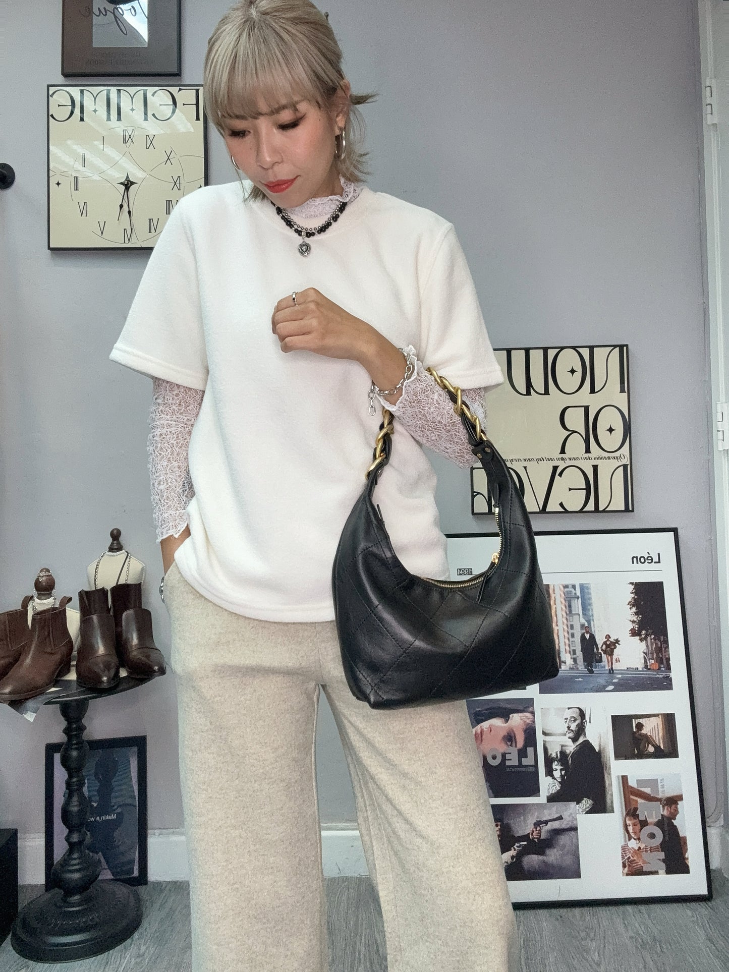 Gold chain handle leather bag