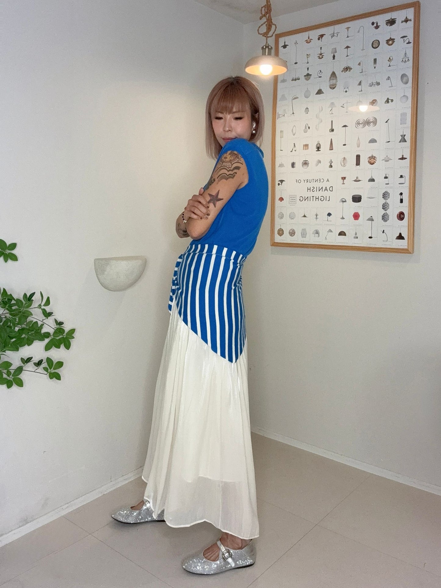 With striped scarf softy knit top #00694