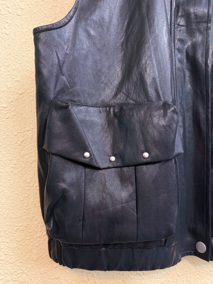 Silver beads pocket faux leather vest outer #01048