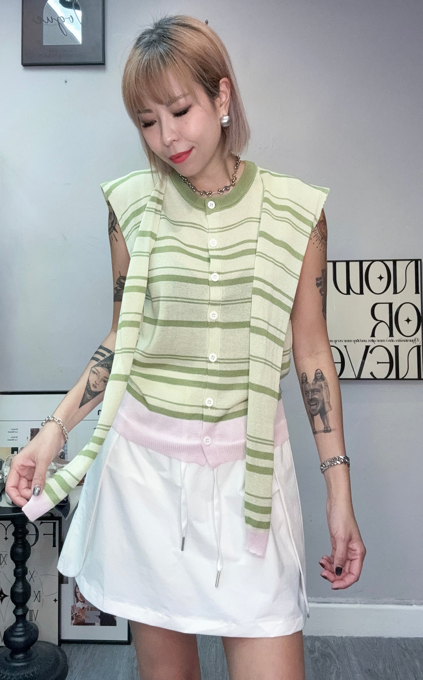(-20%)With scarf knitted tank cardigan #00778