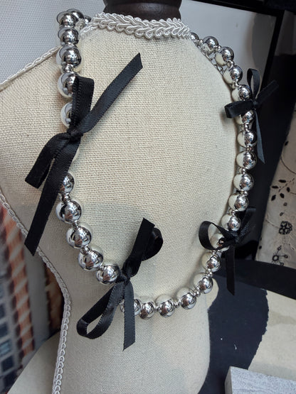 Black ribbon silver beads necklace